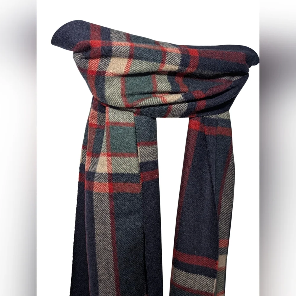 J. Crew Cashmere Navy Blue Tartan Plaid Scarf  Red Cream Green - Picture 5 of 5